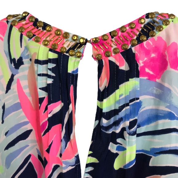 Lilly Pulitzer‎ Women's Arielle Beaded Romper High Tide Navy Tropicolada Pink XS - Picture 6 of 9